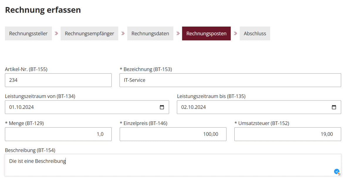 Copyright und Lizenz: Selbst erstellter Screenshot der Seite ‚Rechnungsposten‘ des e-Rechungs-Service-RLP