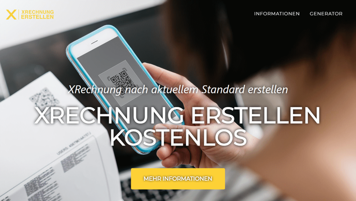 Copyright und Lizenz: Selbst erstellter Screenshot der Homepage von Xrechnungen-Erstellen.com