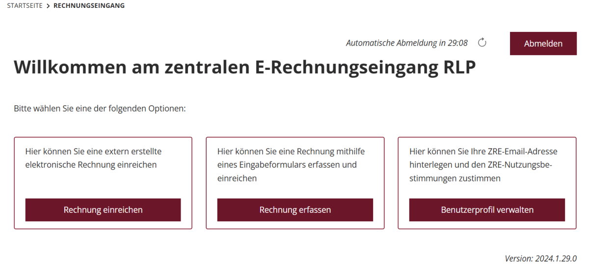 Copyright und Lizenz: Selbst erstellter Screenshot der Homepage für den zentralen Rechnungseingang in RLP