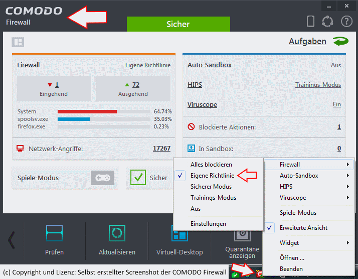 Screenshot der Comodo Firewall