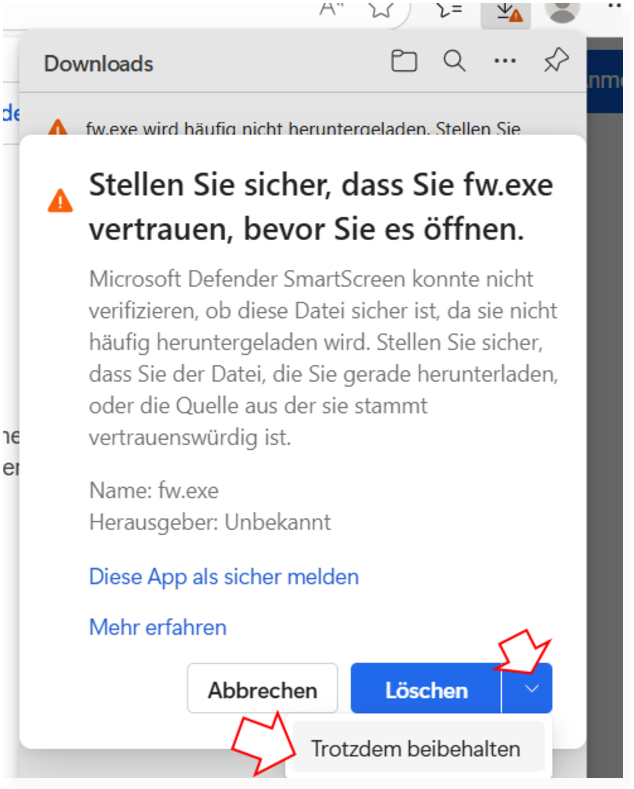 Edge: SmartScreen bestätigen