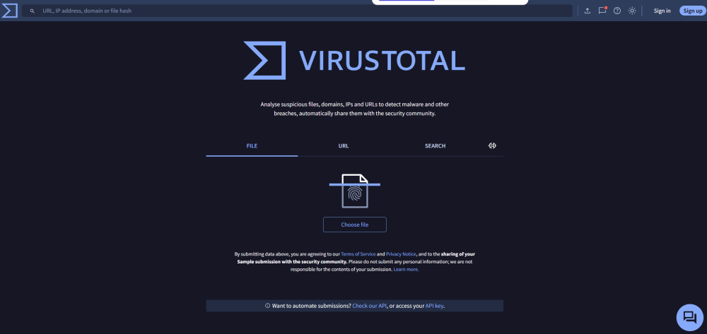 VirusTotal Webseite: Datei hochladen und scannen